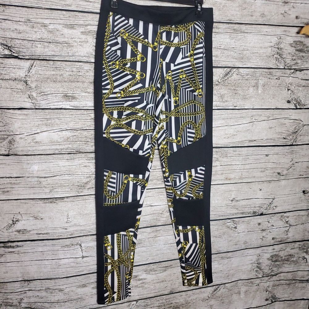 NICKI MINAJ Gold Chain  Pattern Black/White Stretchy Leggings Pants Medium